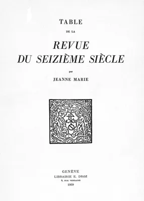 Table de la “Revue du Seizième siècle”