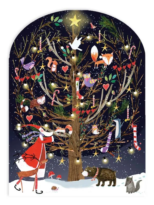 Carte "Noel" arbre décoré et Père Noel + enveloppe Real & Exciting designs
