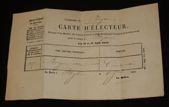 Carte d'électeur de la commune de Pleyben (Finistère) de 1870