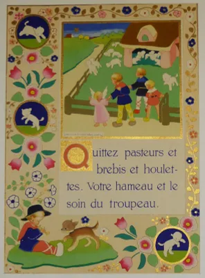 Illustration pieuse de Jeanne Hebbelynck : Quittez pasteurs et brebis et houlettes. Votre hameau et le soin du troupeau