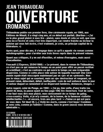 Livres Arts Cinéma Ouverture, romans Jean Thibaudeau