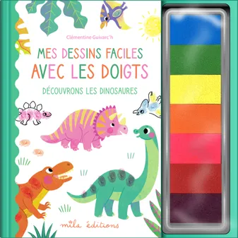 Mes dessins faciles avec les doigts - Découvrons les dinosaures, Avec une palette de tampons encrés de 7 couleurs différentes !