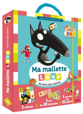 Ma mallette loup contes + puzzle + dominos, 1 album + 1 jeu de 28 dominos + 1 puzzle de 25 pièces