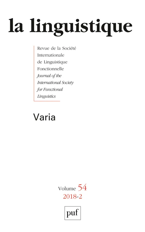 Livres Dictionnaires et méthodes de langues Langue française La Linguistique 2018, vol. 54 (2) Collectif