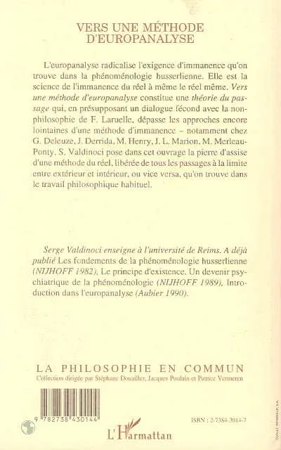 Livres Sciences Humaines et Sociales Philosophie Vers une méthode d'europanalyse Serge Valdinoci