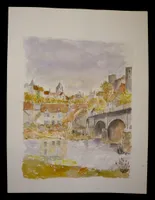 Aquarelle originale de Vaubourg : ville et pont sur une rivière
