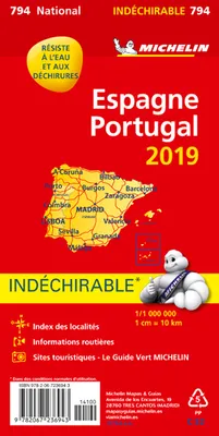 Carte Nationale España, Portugal 2019 - Papel alta resistencia / Espagne, Portugal 2019 - Indéchirab