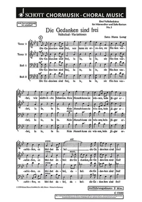 Drei Volksliedsätze, 3. Die Gedanken sind frei. men's choir (TTBB). Partition de chœur.