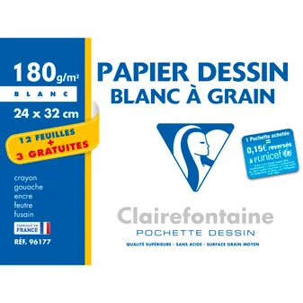 Pochette Papier Dessin à grain - 24X32cm - 12 Feuilles + 3 gratuites - 180g